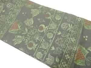 節紬　横段に花更紗模様織り出し　名古屋帯